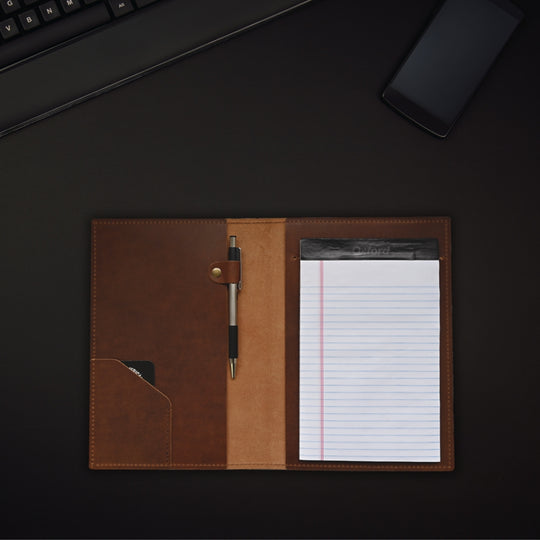 A5 Journal - Brown Leather - Open on desk 2