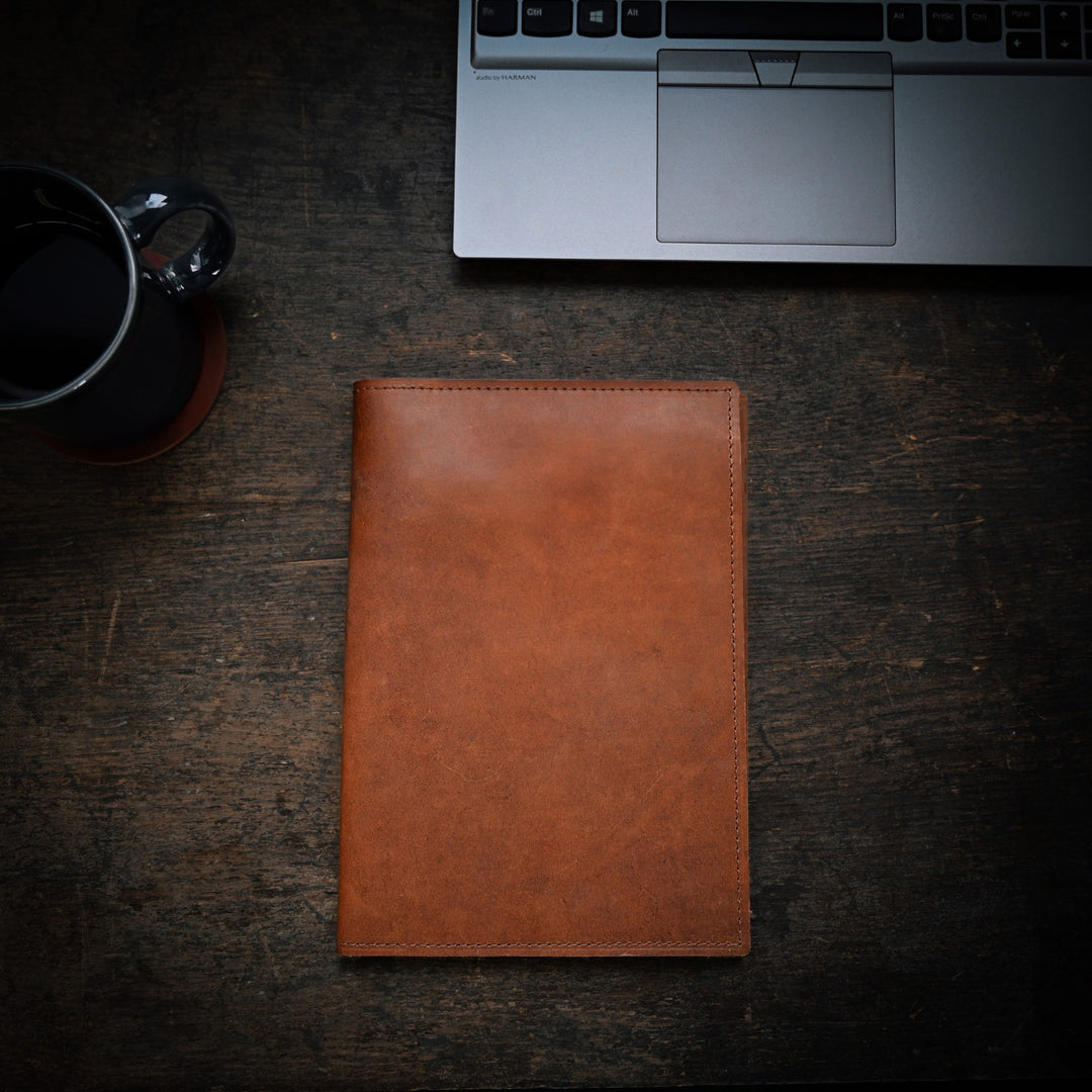 A5 Journal - Brown Leather - Closed on desk