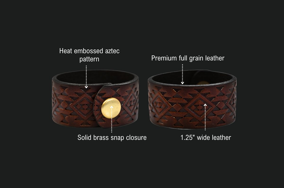 Aztec Cuff features: heat embossed Aztec pattern, premium full grain leather, 1.25 inch wide leather, solid brass snap closure.
