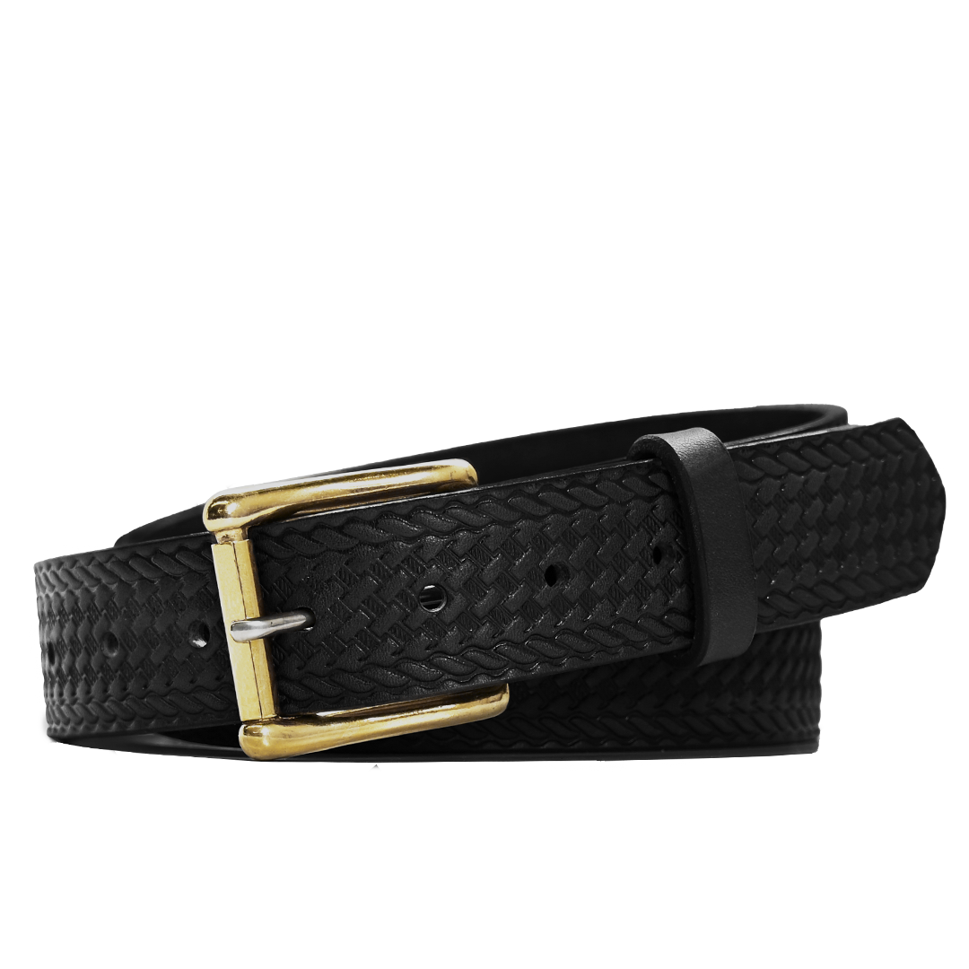 Basket Weave Belt - Black Leather - Brass Buckle
