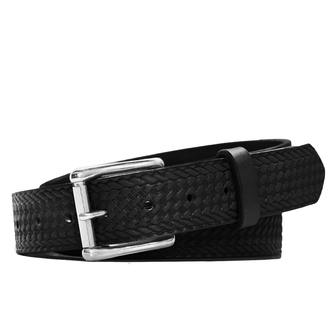 Basket Weave Belt - Black Leather - Nickel Buckle