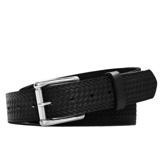 Basket Weave Belt - Black Leather - Nickel Buckle