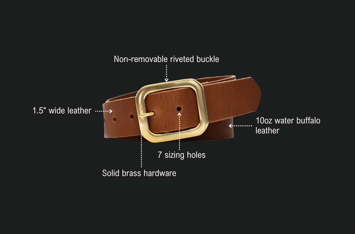 Winona Belt features: non-removable riveted buckle, 1.5 inch wide leather, 10oz water buffalo leather, 7 sizing holes, solid brass hardware.