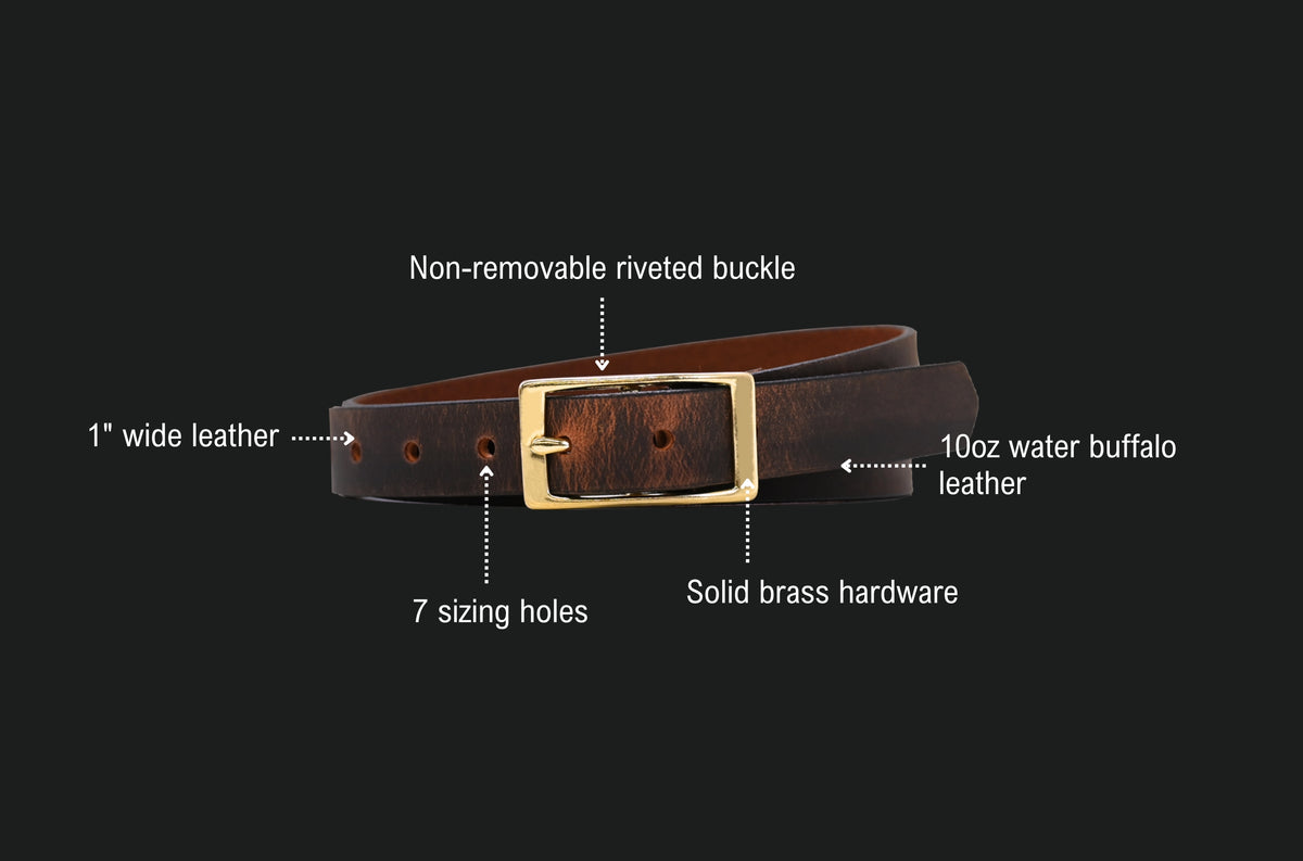 Legacy Belt features: non-removable riveted buckle, 1 inch wide leather, 10oz water buffalo leather, 7 sizing holes, solid brass hardware.A+ Content