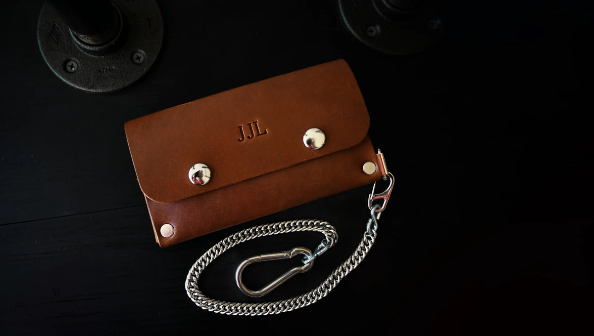 biker chain wallet personalized with embossed initials, shown as J J L.