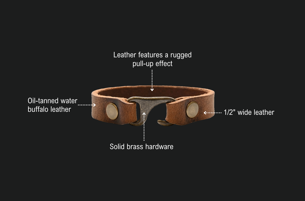 Tuckerman Clasp Bracelet features: oil-tanned water buffalo leather with a rugged pull-up effect, 1/2 inch wide leather, solid brass hardware.