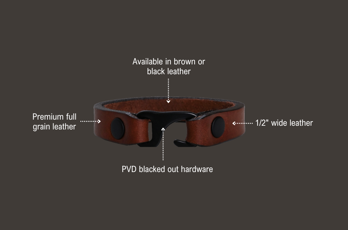 EDC Bracelet features: available in brown or black leather, premium full grain leather, 1/2 inch wide leather, PVD blacked out hardware.