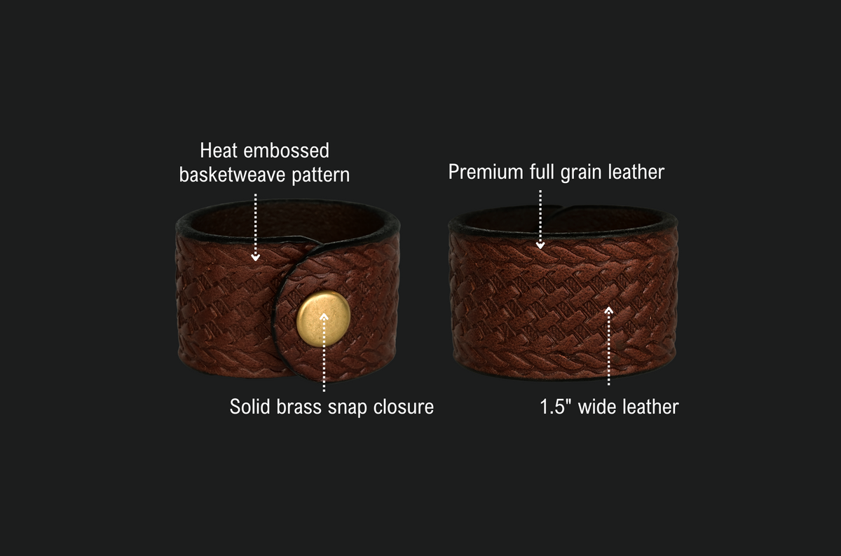 Badland Cuff features: heat embossed basketweave pattern, premium full grain leather, 1.5 inch wide leather, solid brass snap closure.