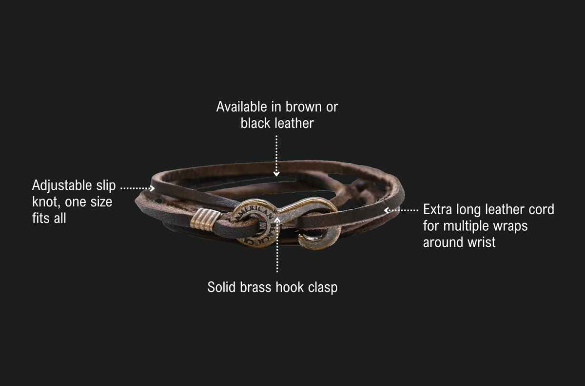 Bootlegger Wrap Bracelet features: available in brown or black leather, adjustable slip knot so one size fits all, extra long leather cord for multiple wraps around the wrist, solid brass hook clasp.