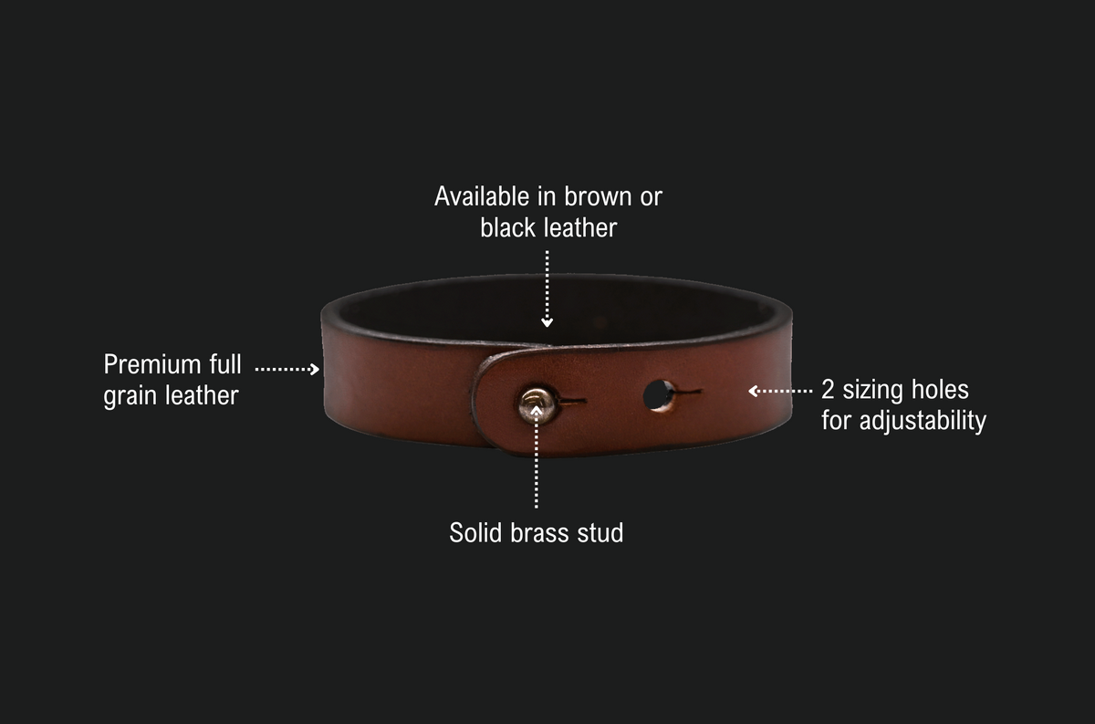 Button Stud Bracelet features: available in brown or black leather, premium full grain leather, 2 sizing holes for adjustability, solid brass stud.