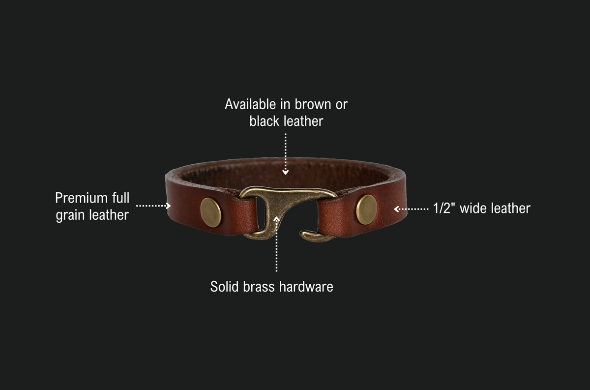 Hook Clasp Bracelet features: available in brown or black leather, premium full grain leather, 1/2 inch wide leather, solid brass hardware.