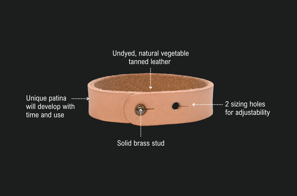 Natural Leather Button Stud Bracelet features: undyed natural vegetable tanned leather, unique patina will develop with time and use, 2 sizing holes for adjustability, solid brass stud.