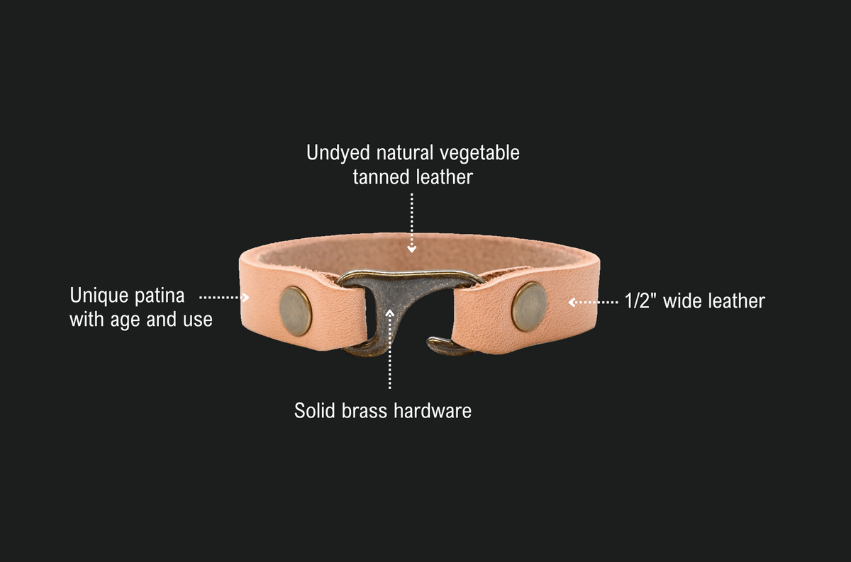 Natural Leather Clasp Bracelet features: undyed natural vegetable tanned leather, unique patina with age and use, 1/2 inch wide leather, solid brass hardware.