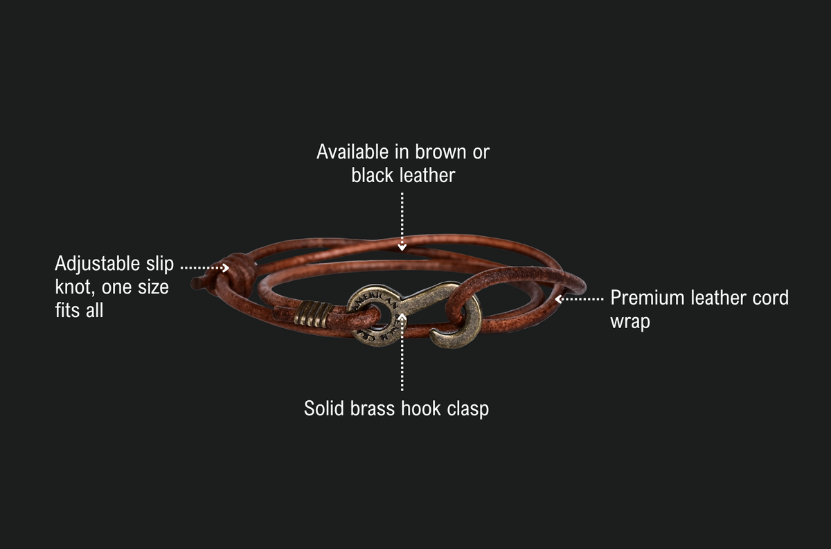 Rum Runner Wrap features: available in brown or black leather, adjustable slip knot so one size fits all, premium leather cord wrap, solid brass hook clasp.