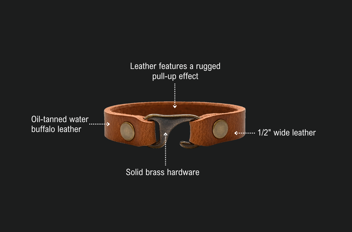 Canyon Bracelet features: oil-tanned water buffalo leather with a rugged pull-up effect, 1/2 inch wide leather, solid brass hardware.