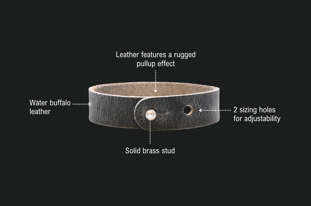 Canyon Button Stud Bracelet features: water buffalo leather with a rugged pull-up effect, 2 sizing holes for adjustability, solid brass stud.
