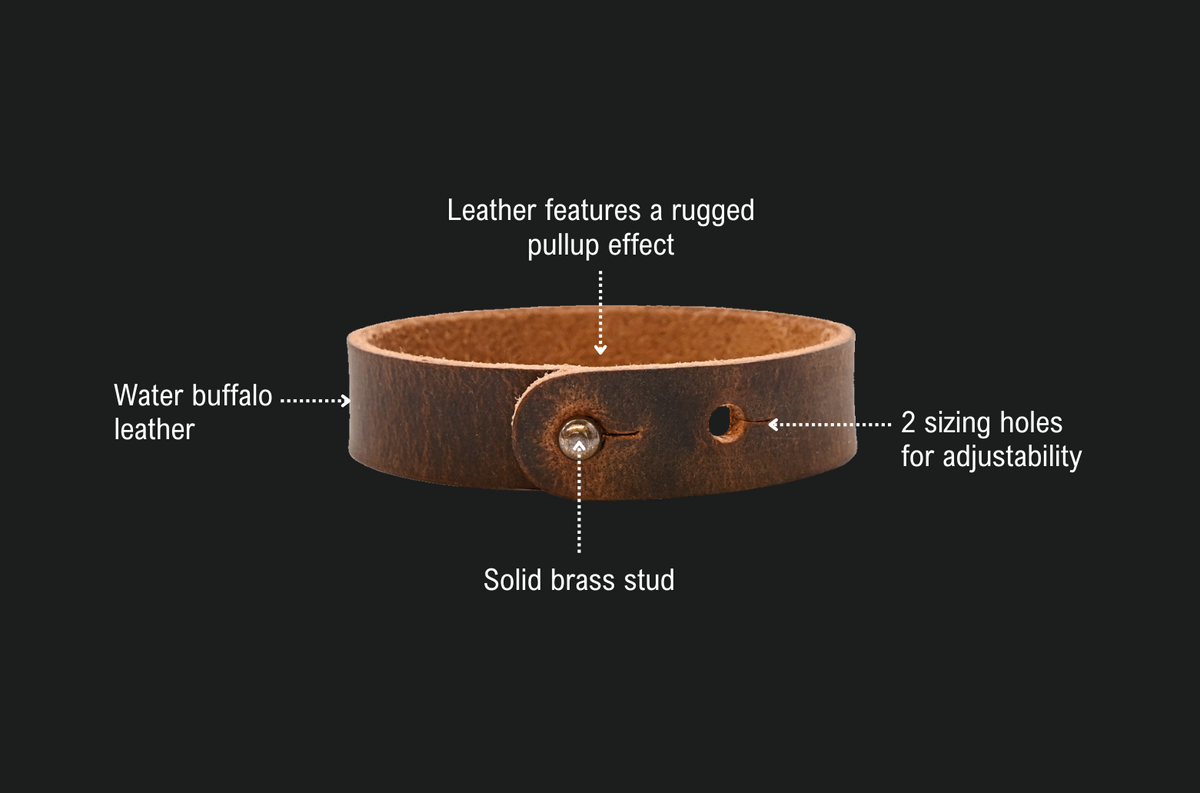 Tuckerman Button Stud Bracelet features: water buffalo leather with a rugged pull-up effect, 2 sizing holes for adjustability, solid brass stud.