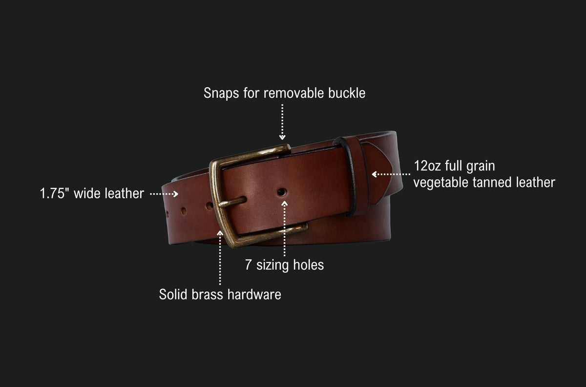 brigadier belt features: snaps for a removable buckle, 1.75 inch wide leather, 12oz full grain vegetable tanned leather, 7 sizing holes, solid brass hardware.