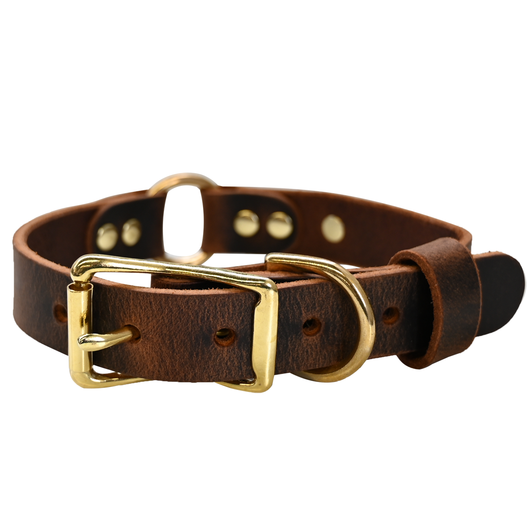 Personalized Hunting Dog Collar - Distressed Brown - Brass Hardware