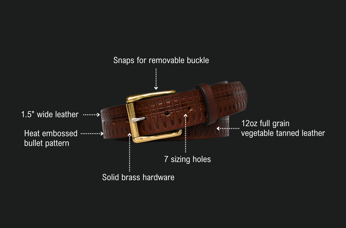 Cartridge Belt features: snaps for a removable buckle, 1.5 inch wide leather, heat embossed bullet pattern, 12oz full grain vegetable tanned leather, 7 sizing holes, solid brass hardware.
