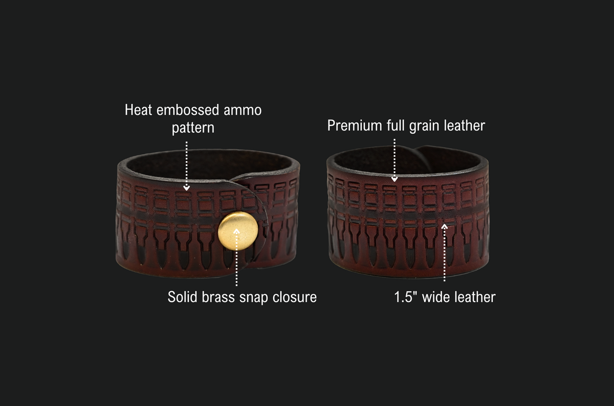 Cartridge Cuff features: heat embossed ammo pattern, premium full grain leather, 1.5 inch wide leather, solid brass snap closure.