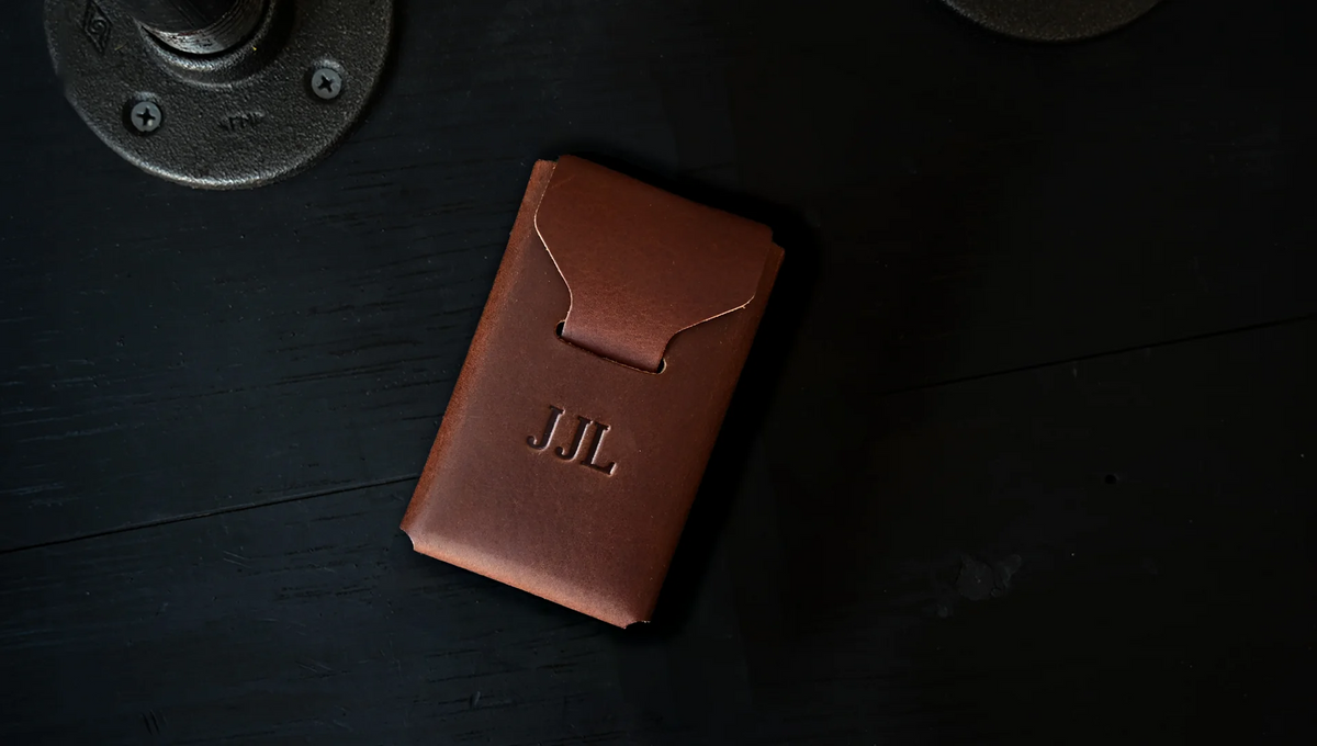 cascade card holder personalized with embossed initials, shown as J J L.