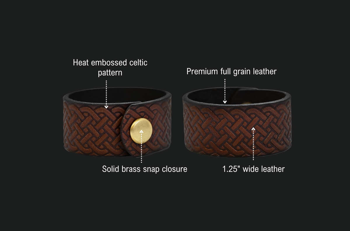 Celtic Cuff features: heat embossed Celtic pattern, premium full grain leather, 1.25 inch wide leather, solid brass snap closure.