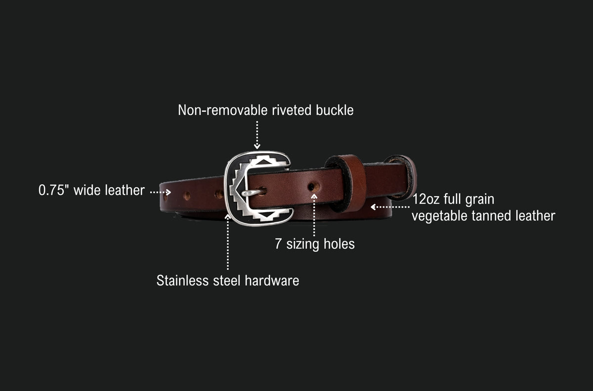 Cheyenne belt features: non-removable riveted buckle, 0.75 inch wide leather, 12oz full grain vegetable tanned leather, 7 sizing holes, stainless steel hardware.