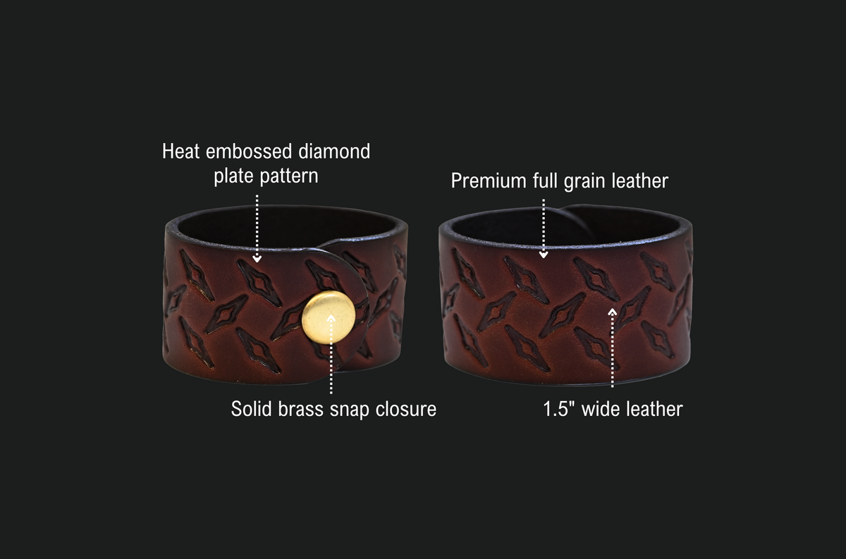 Diamond Cuff features: heat embossed diamond plate pattern, premium full grain leather, 1.5 inch wide leather, solid brass snap closure.