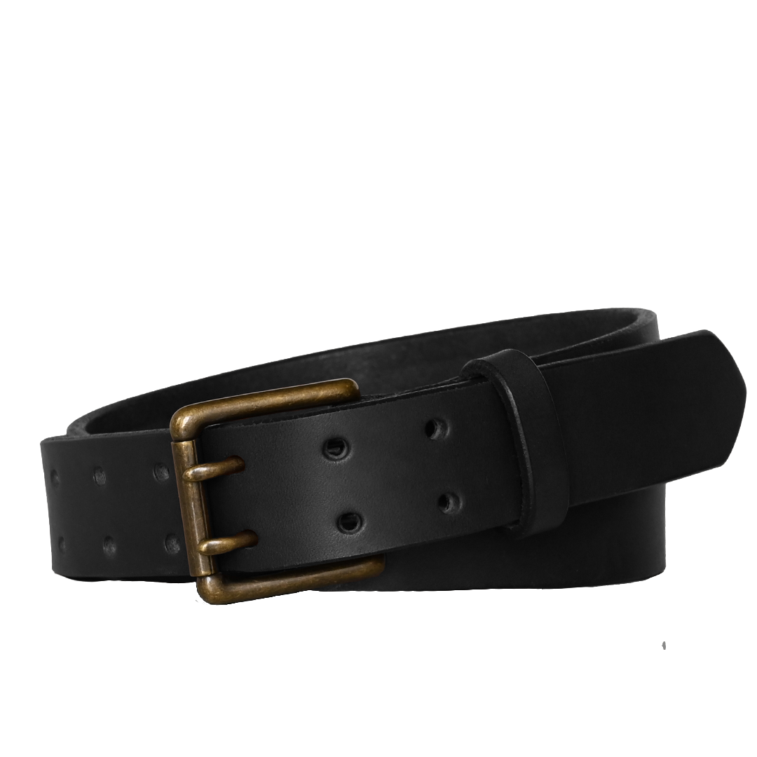 Double Prong Belt - Black Leather - Antique Brass Buckle