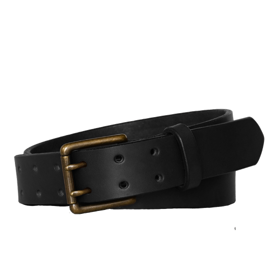Double Prong Belt - Black Leather - Antique Brass Buckle
