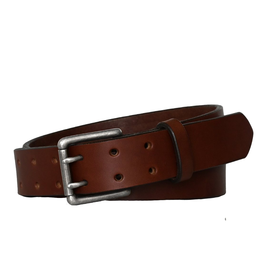 Double Prong Belt - Brown Leather - Nickle Buckle
