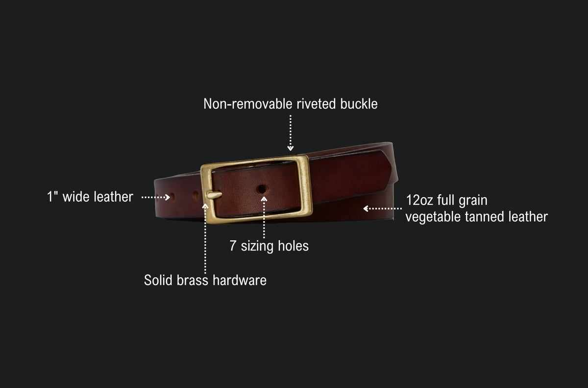 dress belt features: non-removable riveted buckle, 1 inch wide leather, 12oz full grain vegetable tanned leather, 7 sizing holes, solid brass hardware.