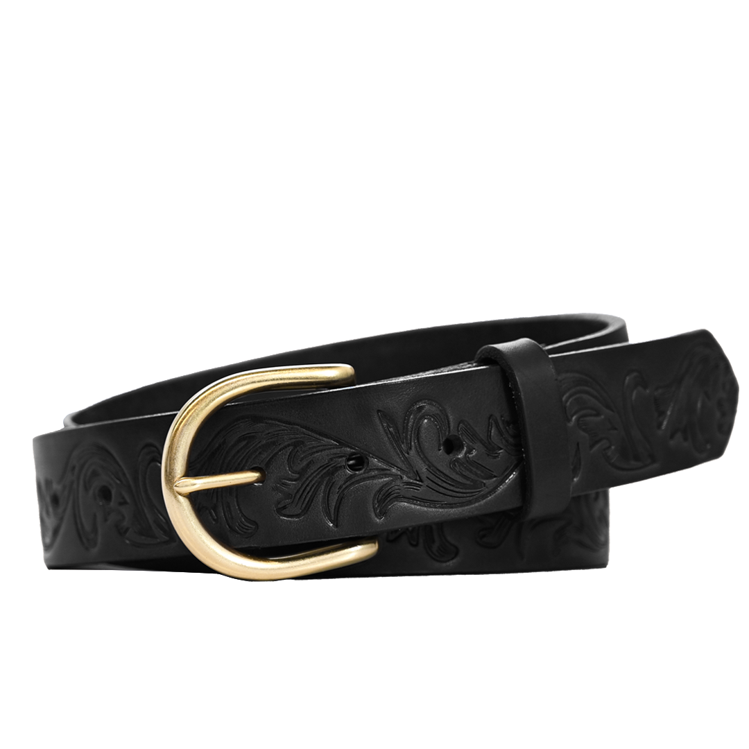 Filigree Belt - Women's Belt - Black Leather - Brass Buckle