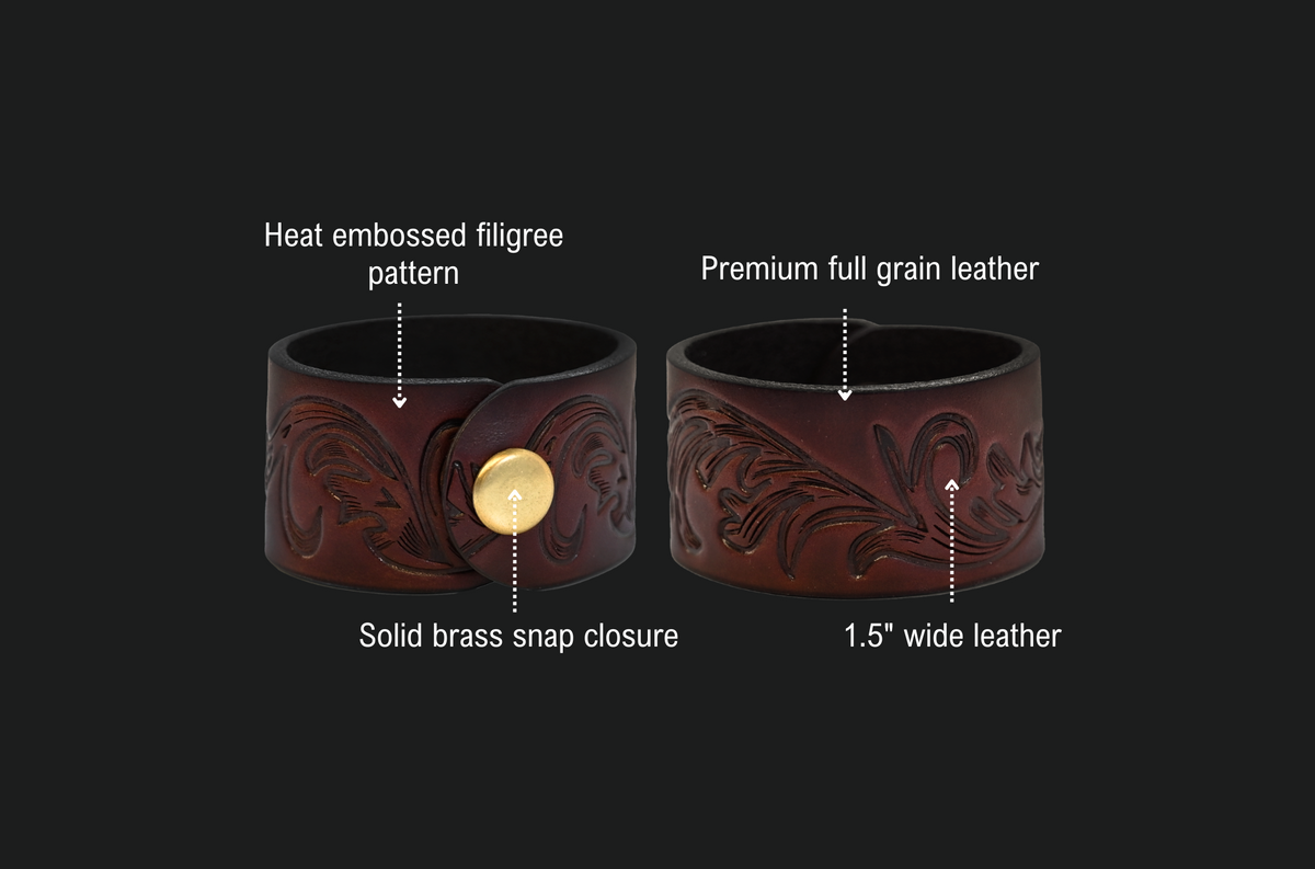 Filigree Cuff features: heat embossed filigree pattern, premium full grain leather, 1.5 inch wide leather, solid brass snap closure.