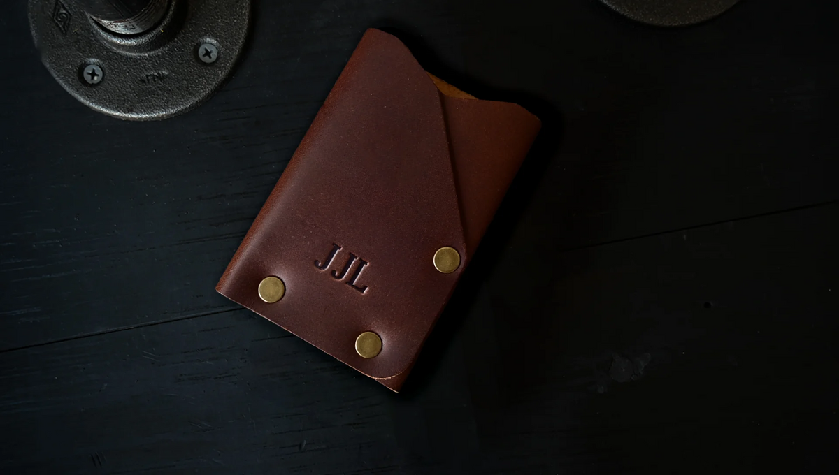 frontier wallet personalized with embossed initials, shown as J J L.