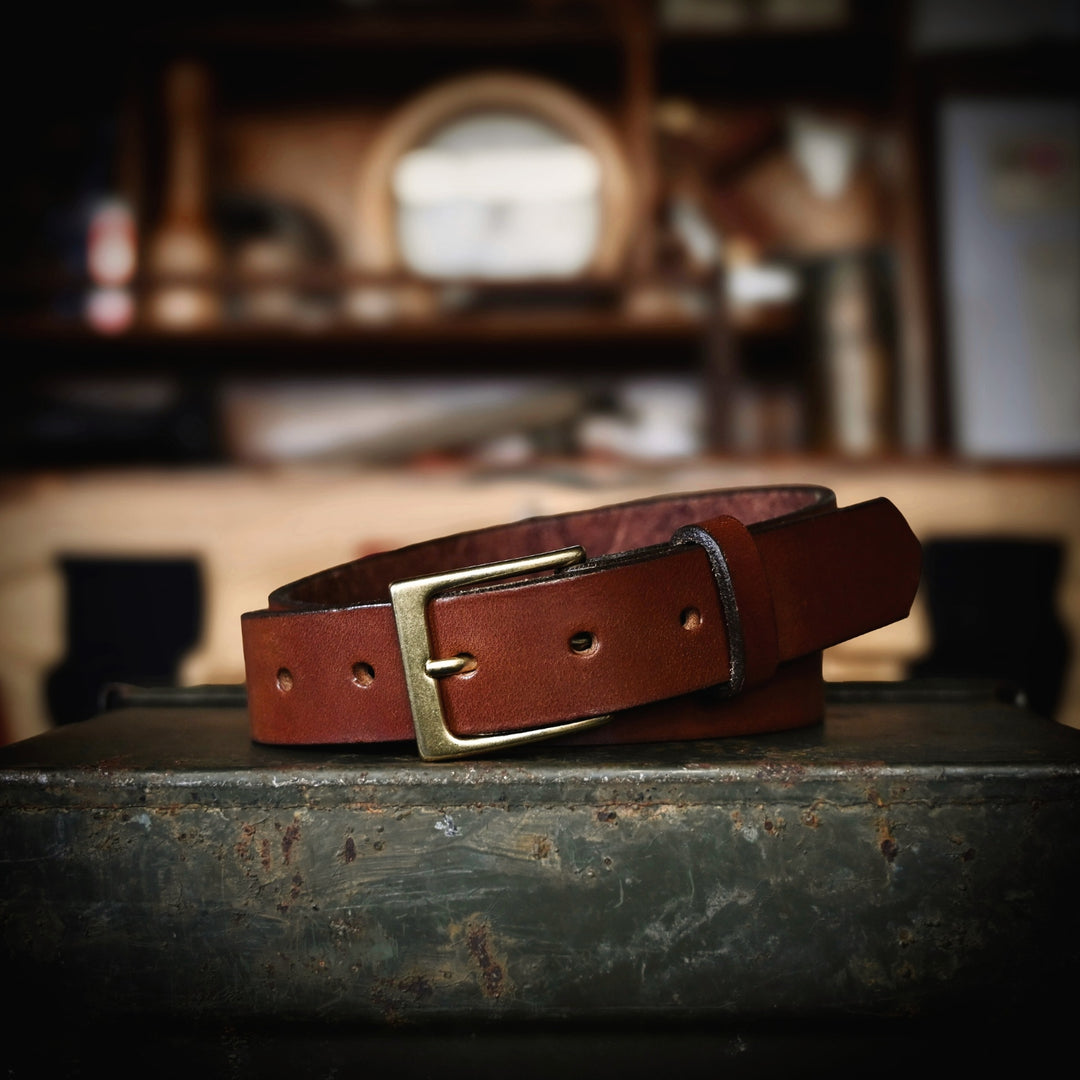 Gentleman's Belt - Brown Leather - Brass Plate - Rolled Up