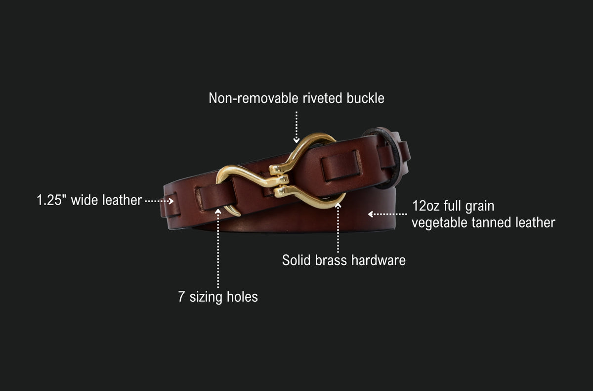 hoofpick belt features: non-removable riveted hoof pick buckle, 1.25 inch wide leather, 12oz full grain vegetable tanned leather, 7 sizing holes, solid brass hardware.