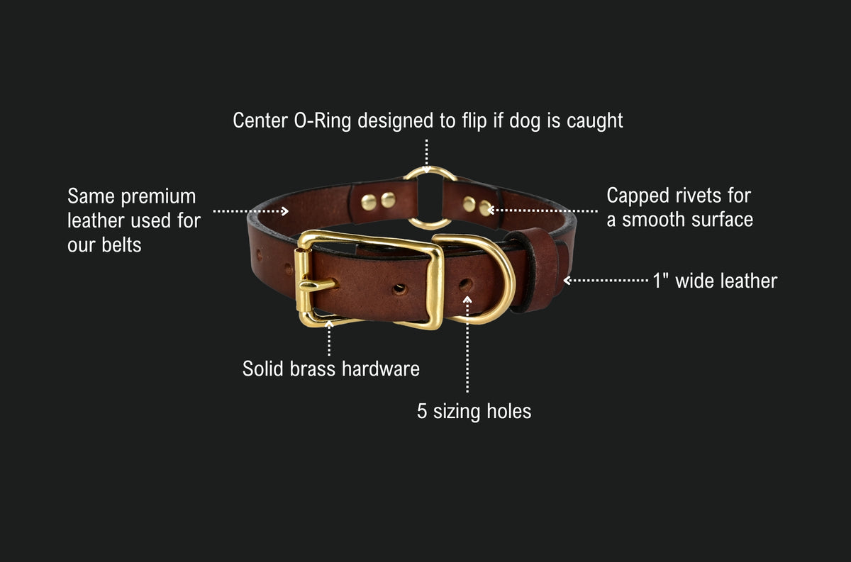 hunting dog collar features: center O-ring designed to flip if the dog is caught, same premium leather used for our belts, capped rivets for a smooth surface, 1 inch wide leather, 5 sizing holes, solid brass hardware.