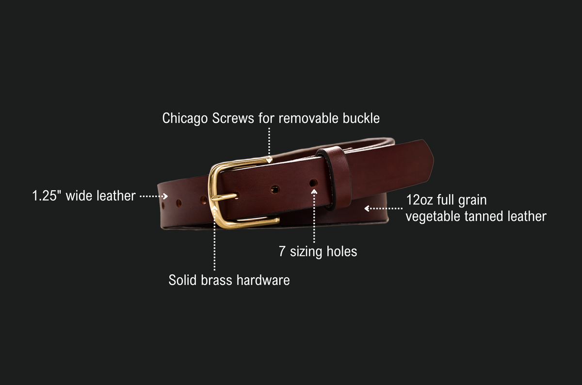 Jean Belt features: snaps for a removable buckle, 1.5 inch wide leather, heat embossed filigree pattern, 12oz full grain vegetable tanned leather, 7 sizing holes, solid brass hardware.