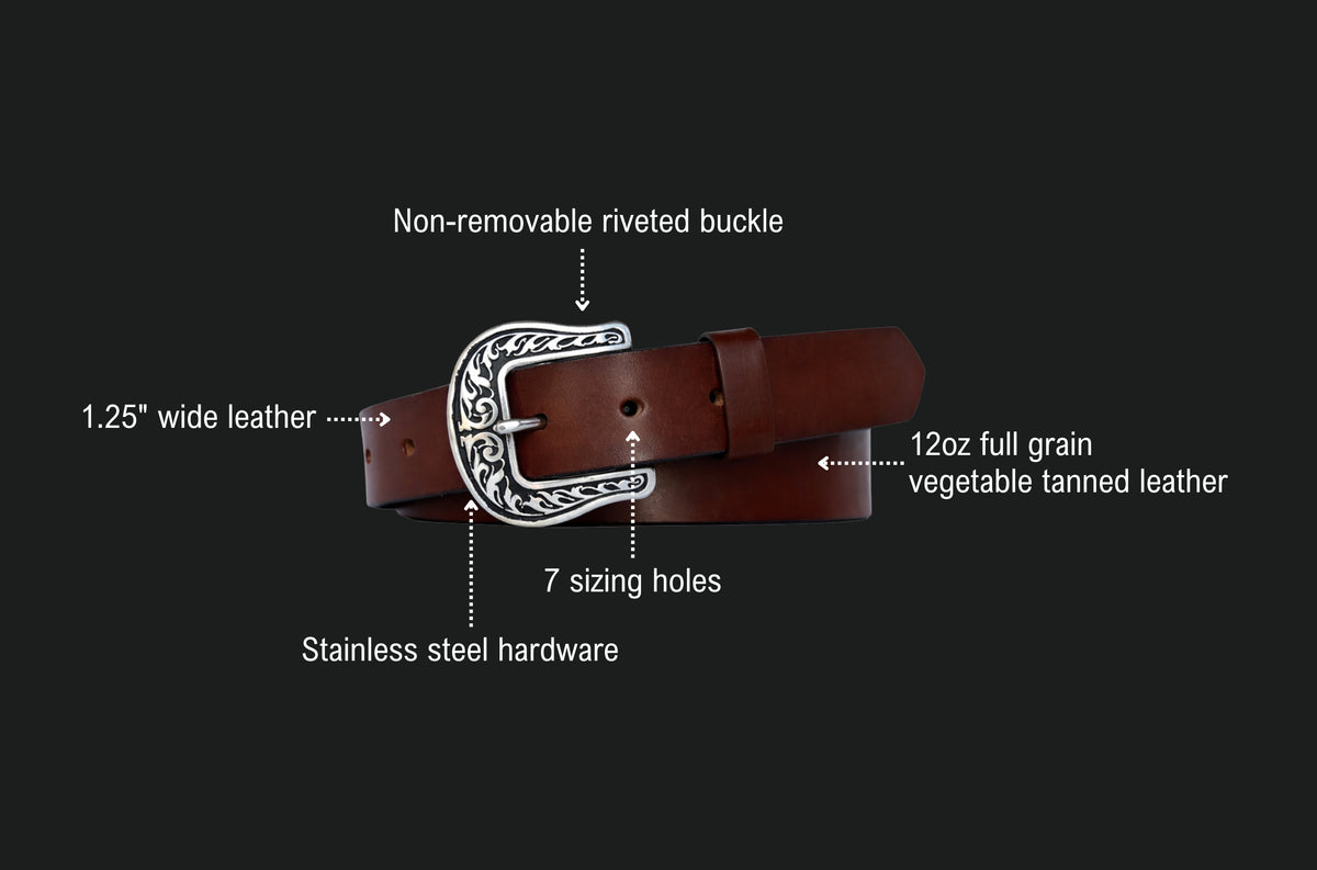 Mesa Belt A+ Content features: non-removable riveted buckle, 1.25 inch wide leather, 12oz full grain vegetable tanned leather, 7 sizing holes, stainless steel hardware.