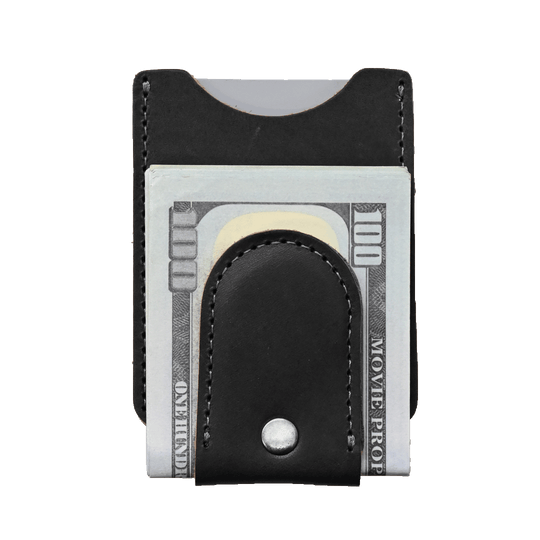 Money Clip Wallet - black leather - front with cash
