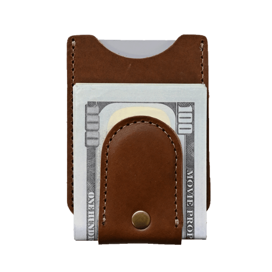 Money Clip Wallet - brown leather - front with cash