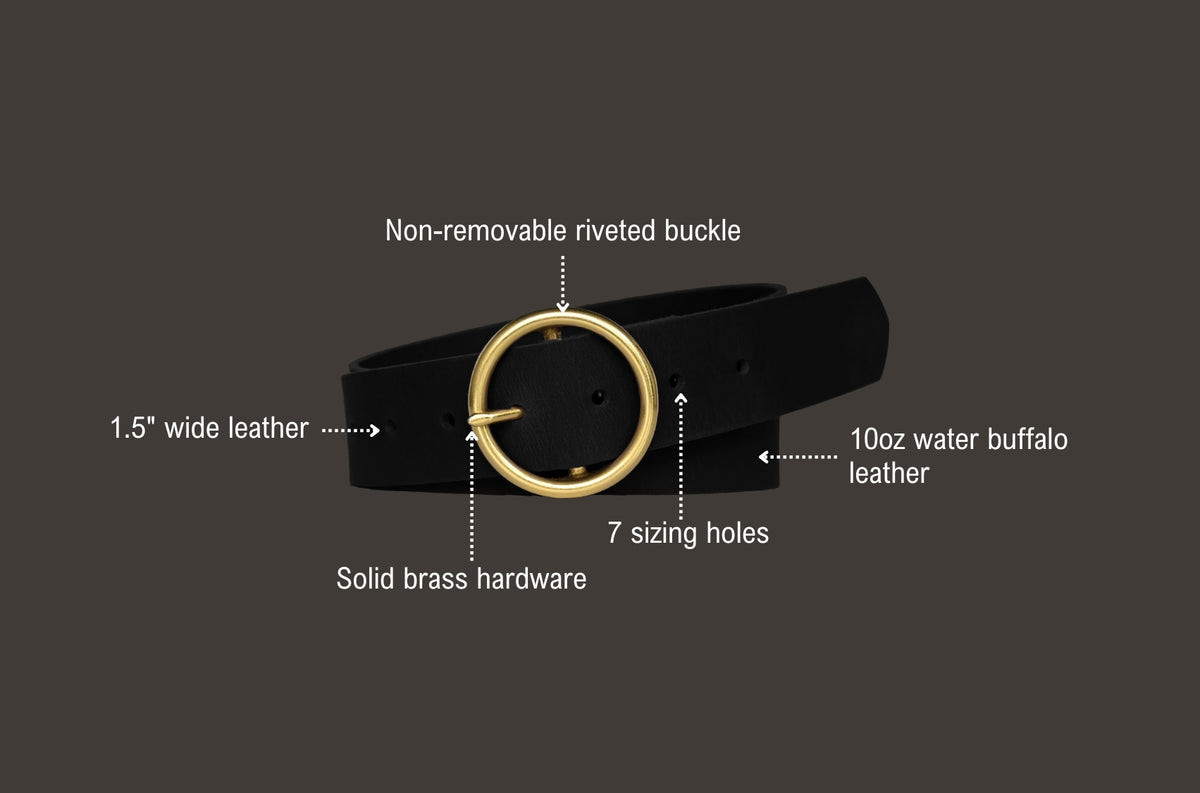 Mustang Belt features: non-removable riveted round buckle, 1.5 inch wide leather, 10oz water buffalo leather, 7 sizing holes, solid brass hardware.