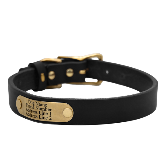 Personalized Standard Dog Collar - Black Leather - Brass Nameplate