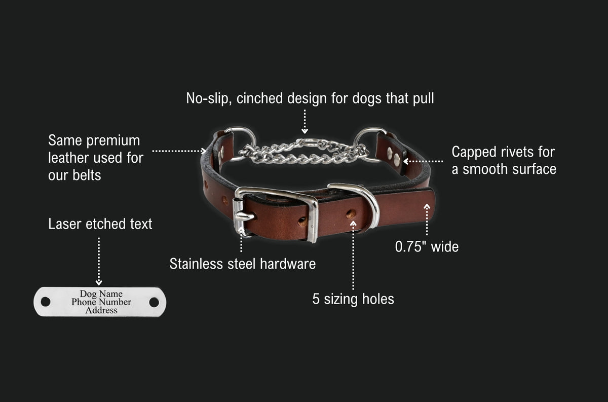 personalized martingale dog collar features: no-slip cinched chain design for dogs that pull, same premium leather used for our belts, capped rivets for a smooth surface, 0.75 inch wide, 5 sizing holes, stainless steel hardware, and a laser etched name plate with dog name, phone number and address.