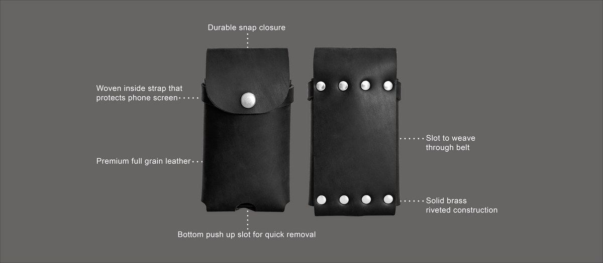 Cell phone holster features: durable snap closure, woven inside strap that protects the phone screen, premium full grain leather, bottom push-up slot for quick removal, slot on the back to weave through a belt, solid brass riveted construction.