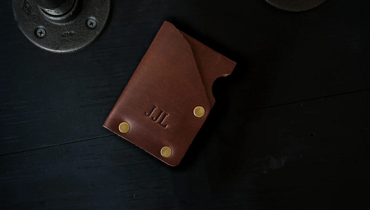 ranger wallet monogrammed personalized with embossed initials, shown as J J L.
