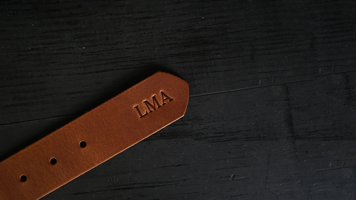 sequoia belt personalized with embossed initials, shown as L M A.