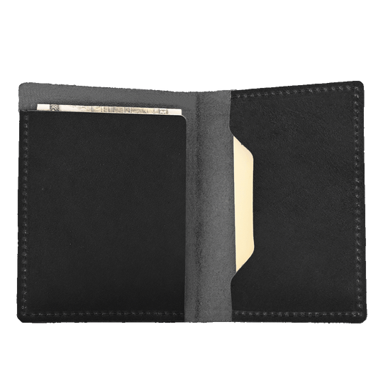Stitched Leather Bifold Wallet - Black Leather - Open